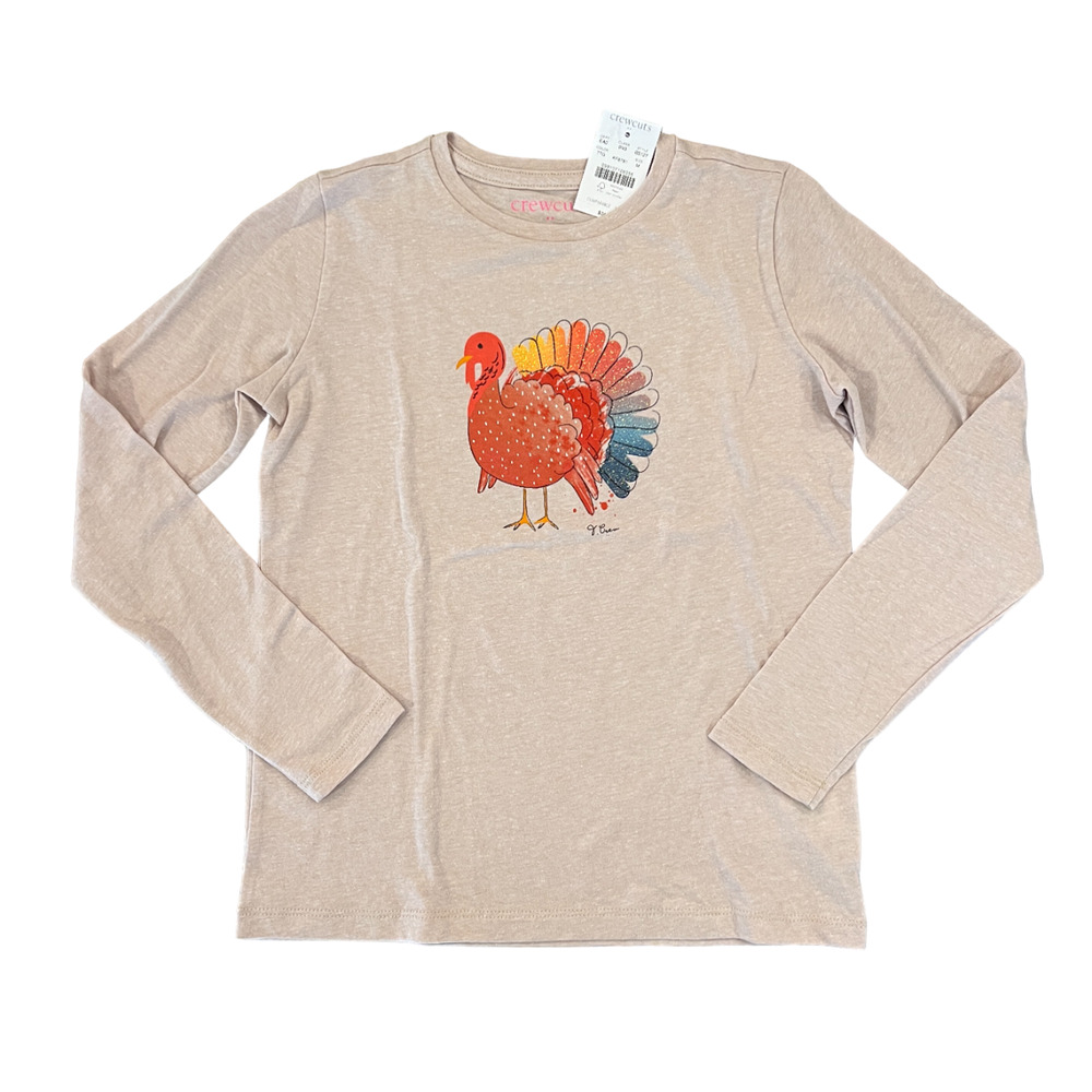 NWT J. Crew Girls' Beige Thanksgiving Turkey Long Sleeve Graphic Tee